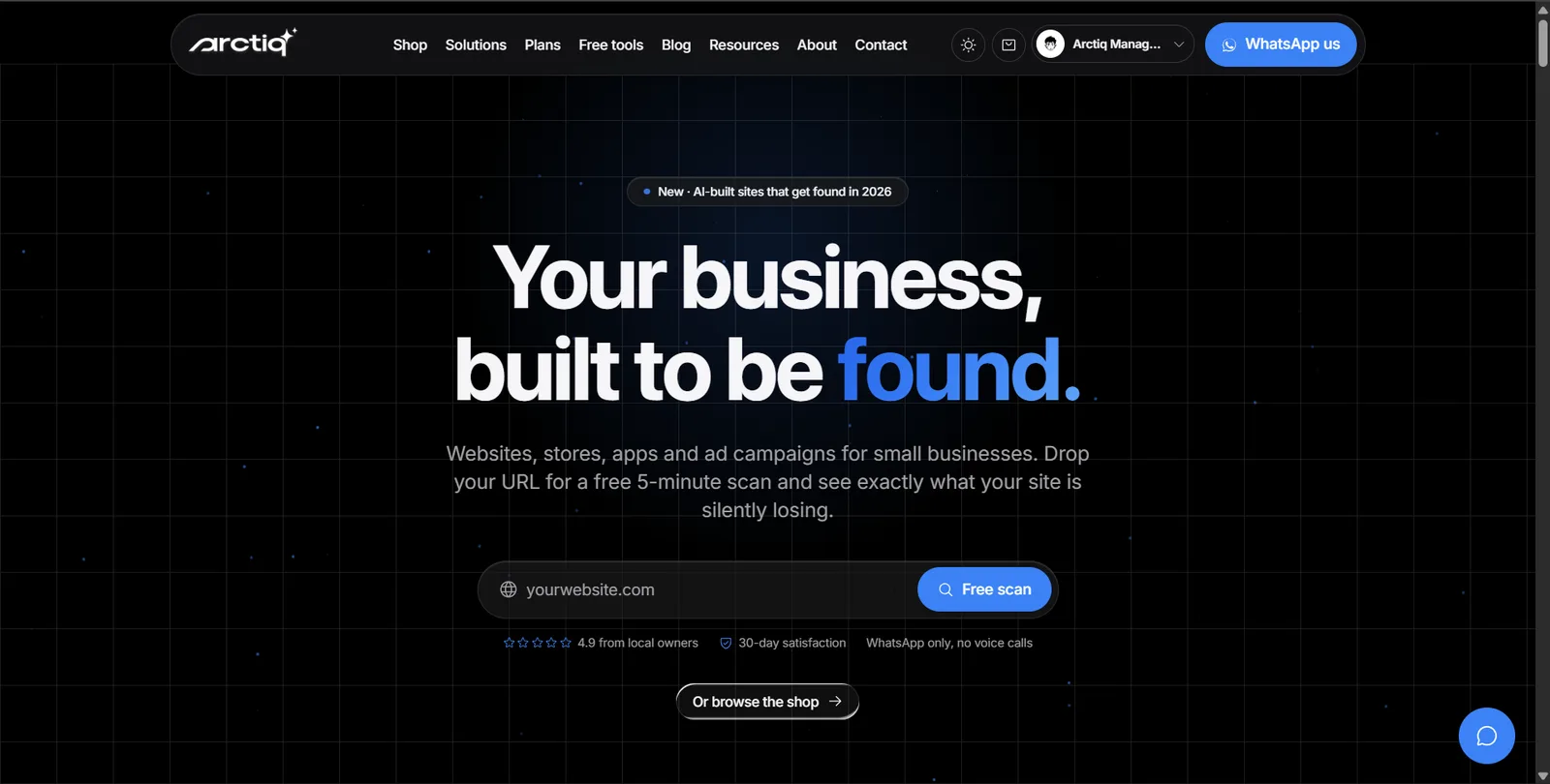 Arctiq Studio homepage: "Your business, built to be found." with a free website scan box
